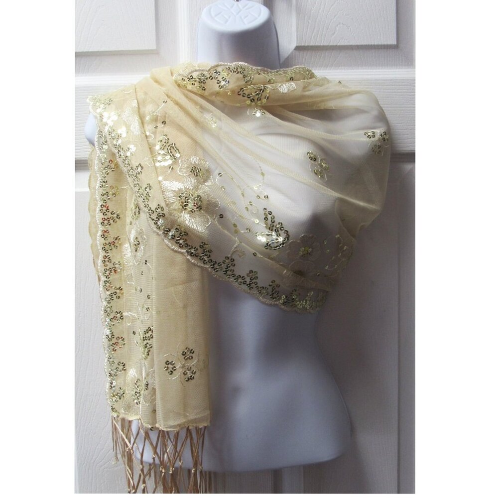 Champagne Sequin Shawl Wrap Sparkle Fringed Scarf Wedding Bridal Dressy Formal